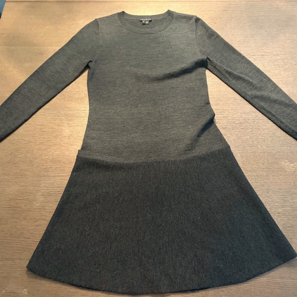 Theory Womens Charcoal Grey Wool Blend Drop Waist Long Sleeve Knit Dress - Picture 6 of 9